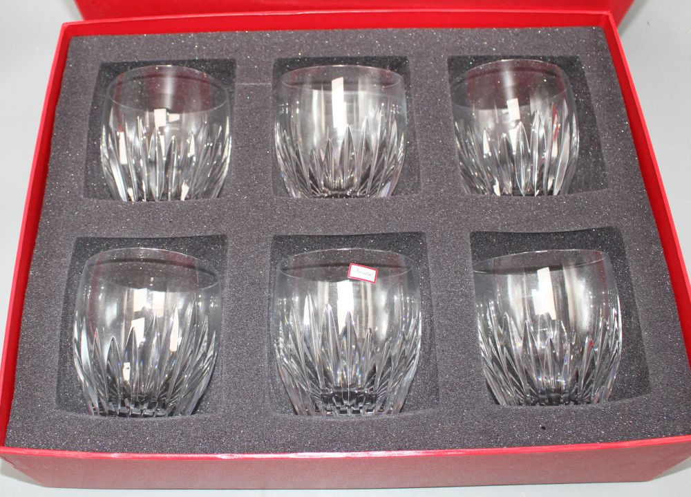 A boxed set of six Baccarat cut glass whisky tumblers, height 10cm